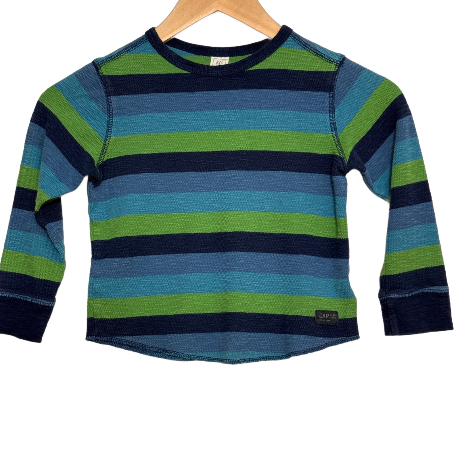 Baby Gap Boys Blue Green Striped Waffle Knit Thermal Long Sleeve Shirt 5 Years